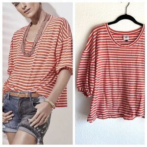 CAbi Poolside Coral Orange Striped Puff-Sleeve Scoop Neck Oversized T-Shirt Sz S